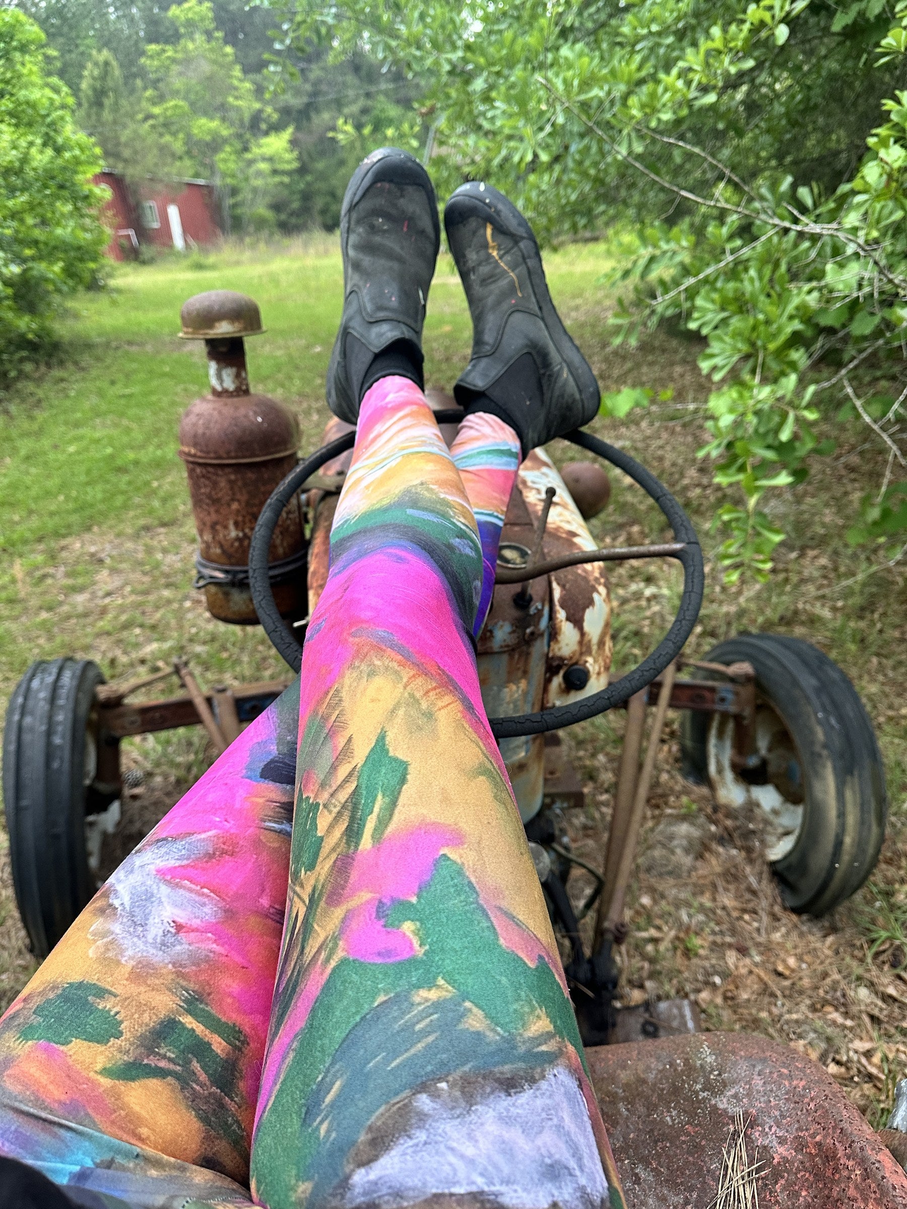 Painted leggings worn on an old tractor